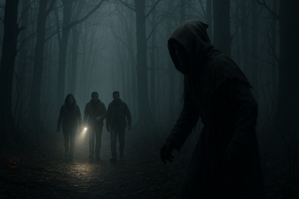 hooded figure stalks near three people in haunted woods 